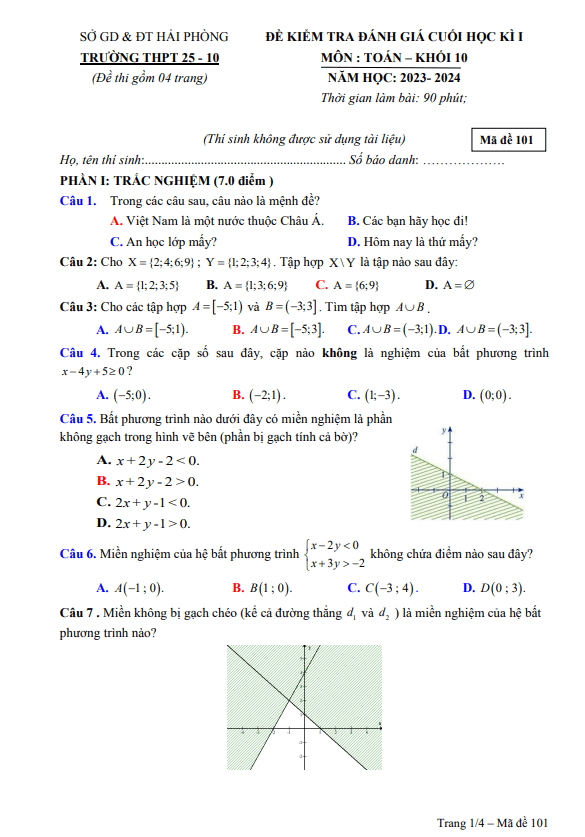 Đề cuối học kì 1 (HK1) lớp 10 môn Toán năm 2023 2024 trường THPT 25-10 Hải Phòng