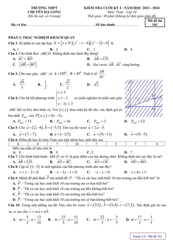 Đề cuối học kì 1 (HK1) lớp 10 môn Toán năm 2023 2024 trường THPT chuyên Hạ Long Quảng Ninh
