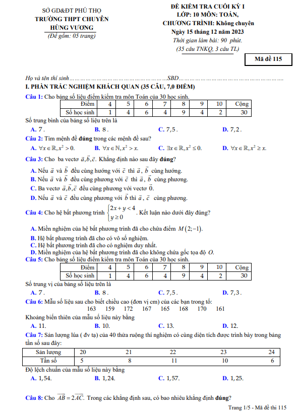 Đề cuối học kì 1 (HK1) lớp 10 môn Toán năm 2023 2024 trường THPT chuyên Hùng Vương Phú Thọ