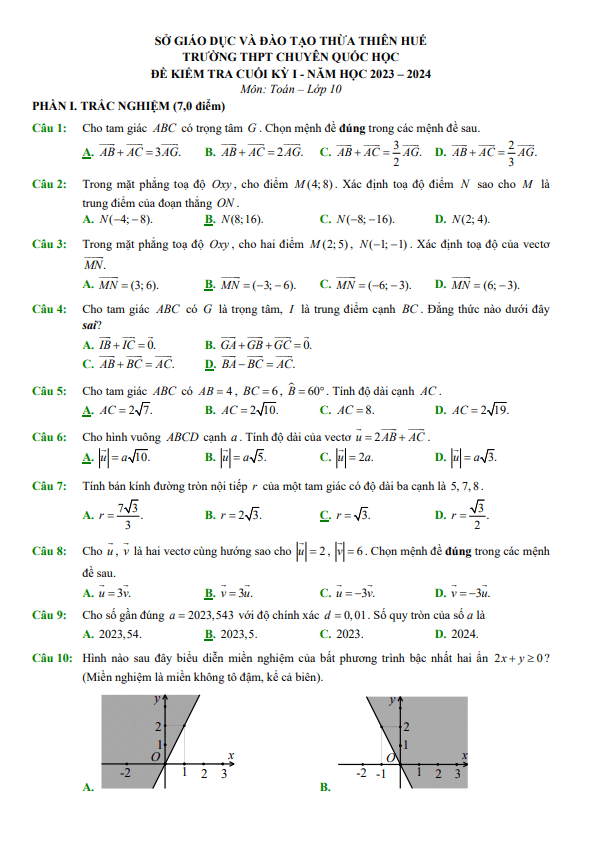 Đề cuối học kì 1 (HK1) lớp 10 môn Toán năm 2023 2024 trường THPT chuyên Quốc học Huế
