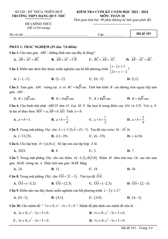 Đề cuối học kì 1 (HK1) lớp 10 môn Toán năm 2023 2024 trường THPT Đặng Huy Trứ TT Huế