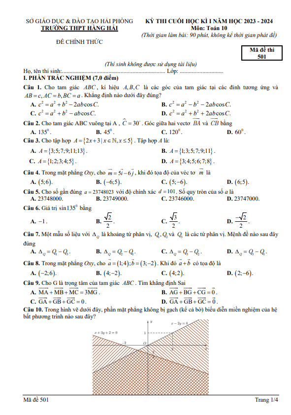 Đề cuối học kì 1 (HK1) lớp 10 môn Toán năm 2023 2024 trường THPT Hàng Hải Hải Phòng