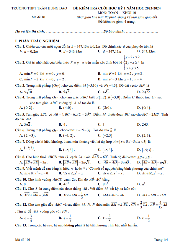 Đề cuối học kì 1 (HK1) lớp 10 môn Toán năm 2023 2024 trường THPT Trần Hưng Đạo Đắk Lắk