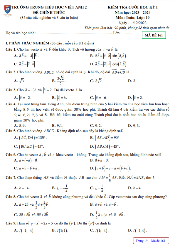 Đề cuối học kì 1 (HK1) lớp 10 môn Toán năm 2023 2024 trường Việt Anh 2 Bình Dương