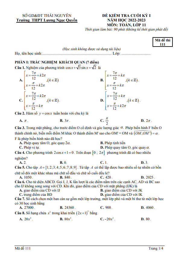Đề cuối học kì 1 (HK1) lớp 11 môn Toán năm 2022 2023 THPT Lương Ngọc Quyến Thái Nguyên