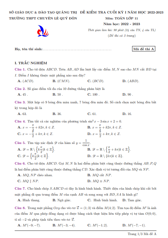 Đề cuối học kì 1 (HK1) lớp 11 môn Toán năm 2022 2023 trường chuyên Lê Quý Đôn Quảng Trị