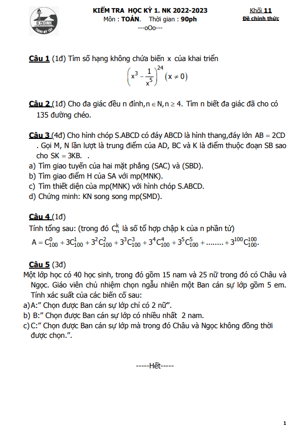 Đề cuối học kì 1 (HK1) lớp 11 môn Toán năm 2022 2023 trường THPT Gia Định TP HCM