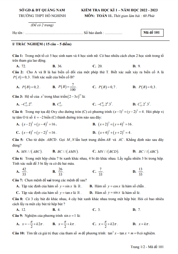 Đề cuối học kì 1 (HK1) lớp 11 môn Toán năm 2022 2023 trường THPT Hồ Nghinh Quảng Nam