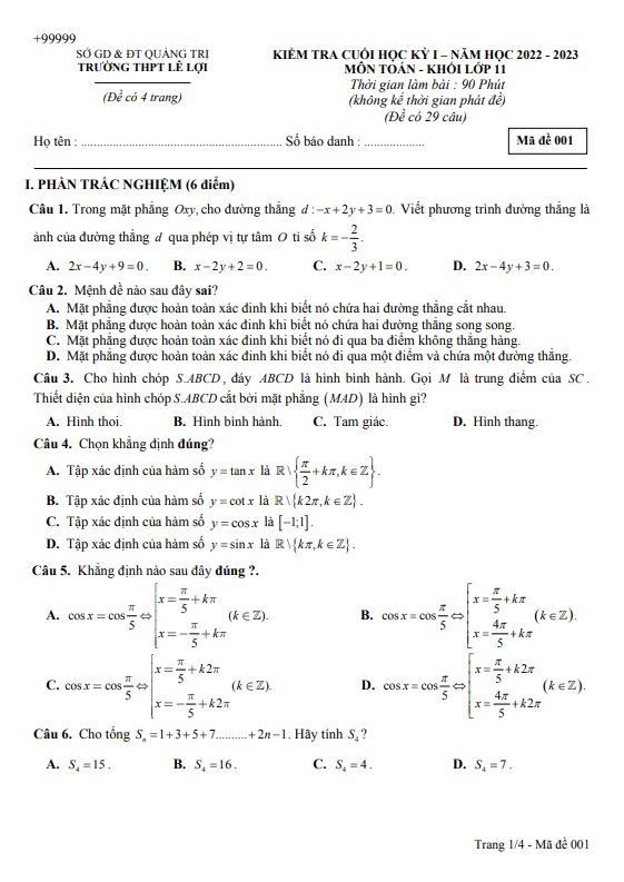 Đề cuối học kì 1 (HK1) lớp 11 môn Toán năm 2022 2023 trường THPT Lê Lợi Quảng Trị