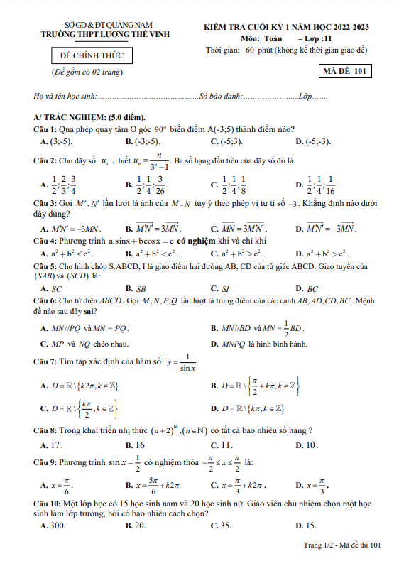 Đề cuối học kì 1 (HK1) lớp 11 môn Toán năm 2022 2023 trường THPT Lương Thế Vinh Quảng Nam