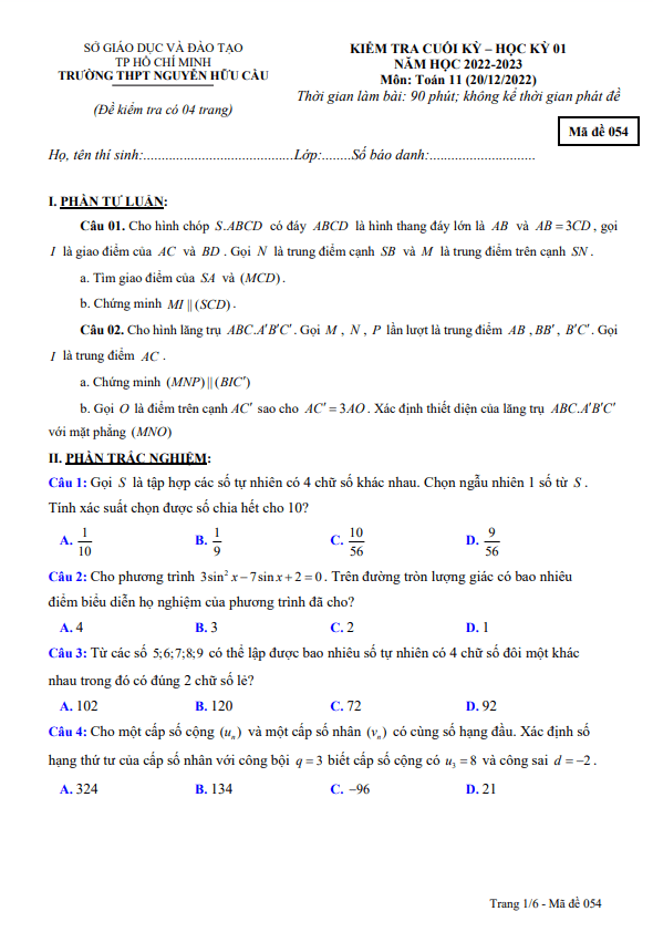 Đề cuối học kì 1 (HK1) lớp 11 môn Toán năm 2022 2023 trường THPT Nguyễn Hữu Cầu TP HCM