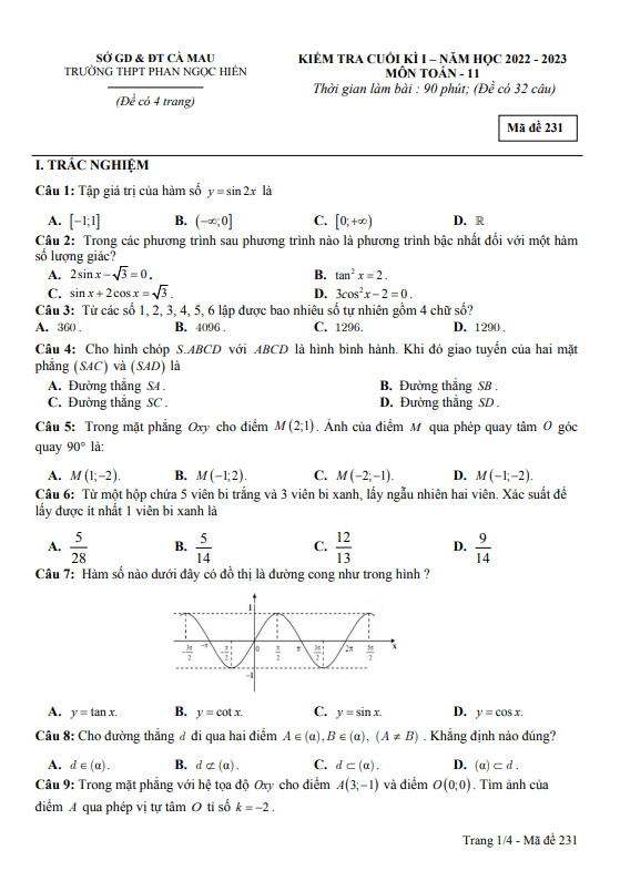Đề cuối học kì 1 (HK1) lớp 11 môn Toán năm 2022 2023 trường THPT Phan Ngọc Hiển Cà Mau