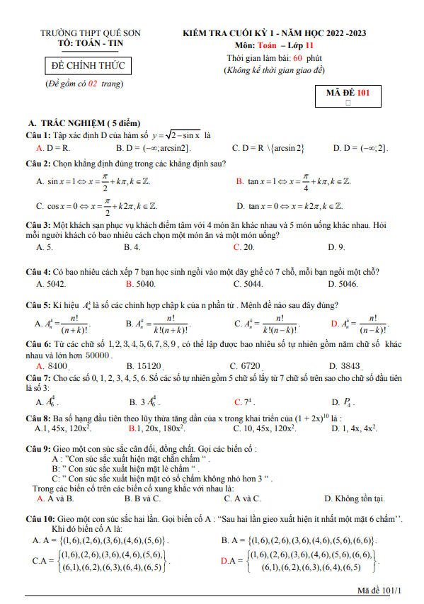 Đề cuối học kì 1 (HK1) lớp 11 môn Toán năm 2022 2023 trường THPT Quế Sơn Quảng Nam