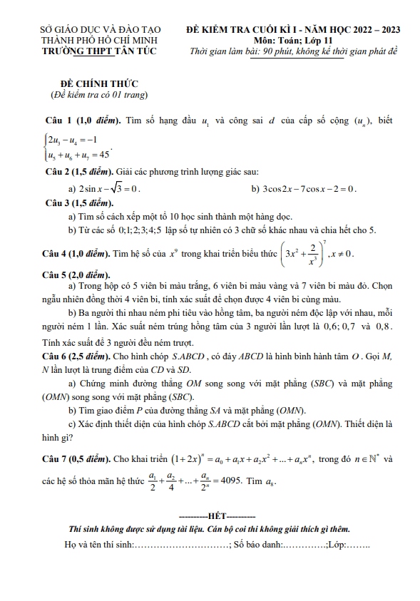 Đề cuối học kì 1 (HK1) lớp 11 môn Toán năm 2022 2023 trường THPT Tân Túc TP HCM