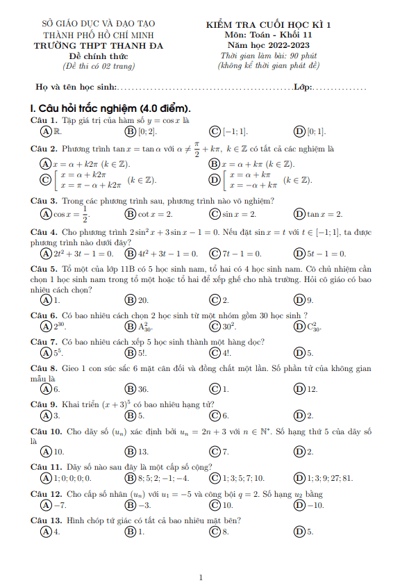 Đề cuối học kì 1 (HK1) lớp 11 môn Toán năm 2022 2023 trường THPT Thanh Đa TP HCM