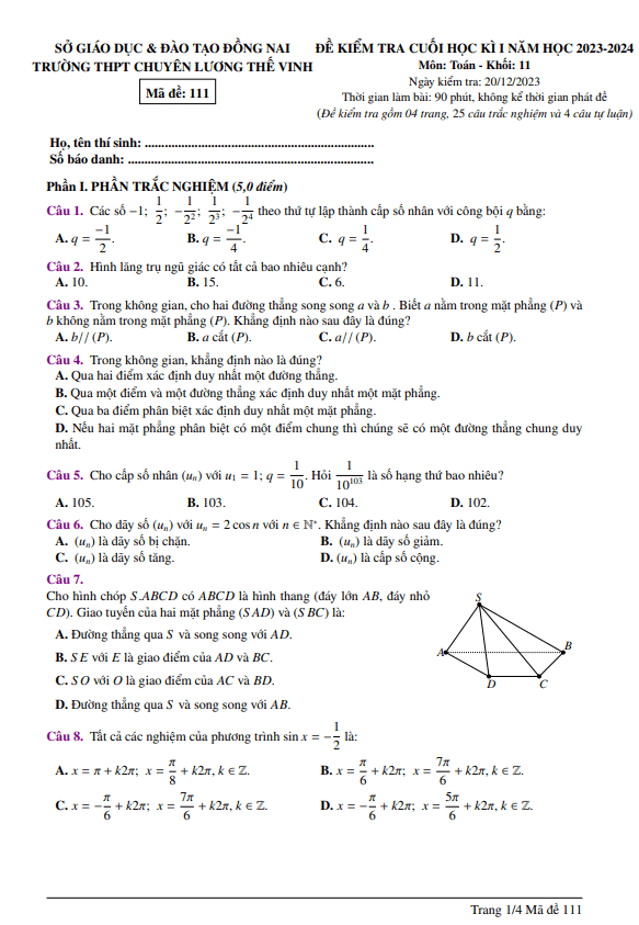 Đề cuối học kì 1 (HK1) lớp 11 môn Toán năm 2023 2024 trường chuyên Lương Thế Vinh Đồng Nai