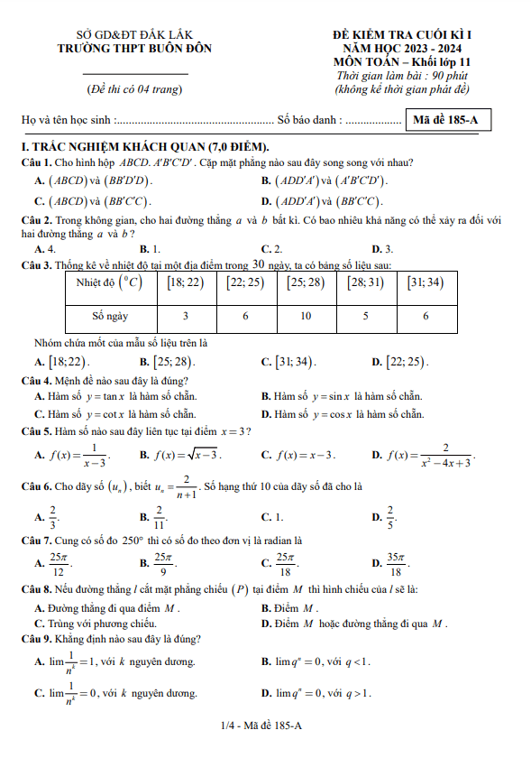 Đề cuối học kì 1 (HK1) lớp 11 môn Toán năm 2023 2024 trường THPT Buôn Đôn Đắk Lắk