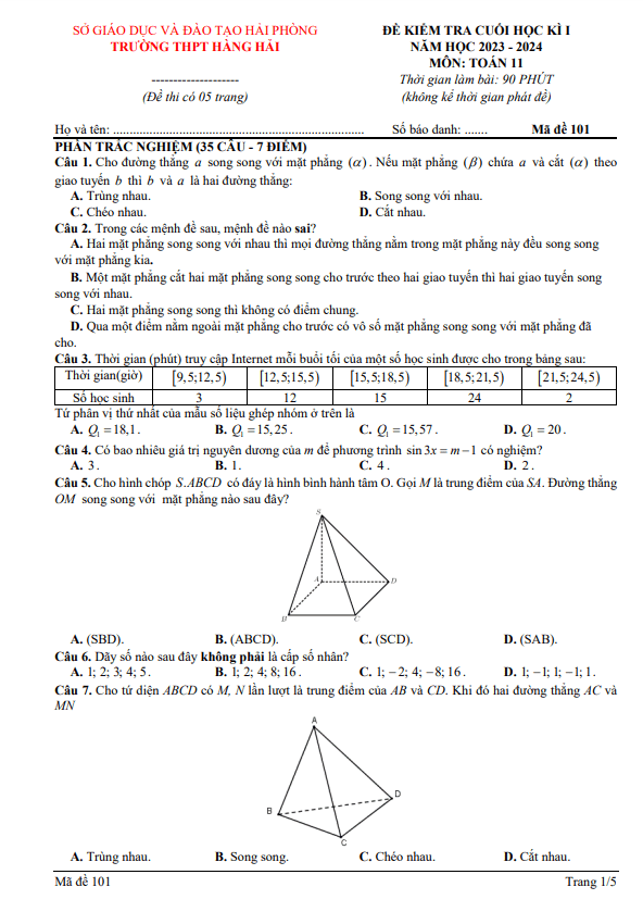 Đề cuối học kì 1 (HK1) lớp 11 môn Toán năm 2023 2024 trường THPT Hàng Hải Hải Phòng