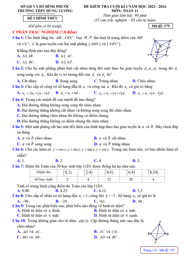 Đề cuối học kì 1 (HK1) lớp 11 môn Toán năm 2023 2024 trường THPT Hùng Vương Bình Phước