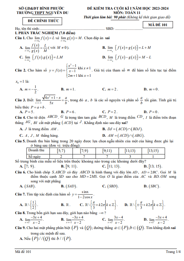 Đề cuối học kì 1 (HK1) lớp 11 môn Toán năm 2023 2024 trường THPT Nguyễn Du Bình Phước