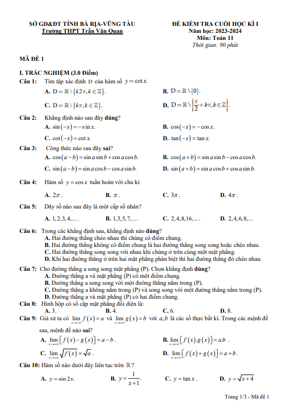 Đề cuối học kì 1 (HK1) lớp 11 môn Toán năm 2023 2024 trường THPT Trần Văn Quan BR VT