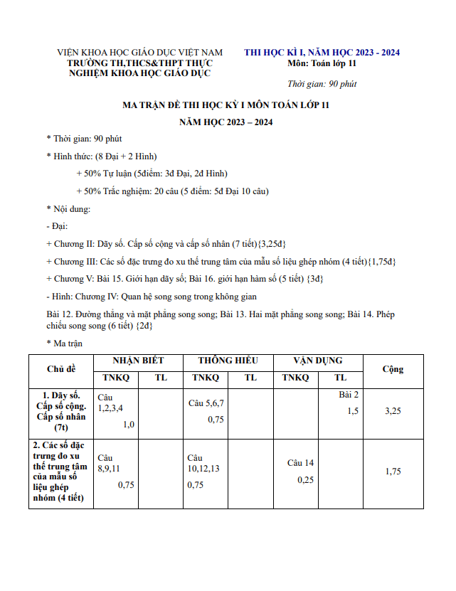 Đề cuối học kì 1 (HK1) lớp 11 môn Toán năm 2023 2024 trường Thực Nghiệm Khoa Học Giáo Dục Hà Nội