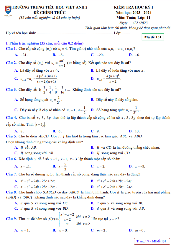 Đề cuối học kì 1 (HK1) lớp 11 môn Toán năm 2023 2024 trường Việt Anh 2 Bình Dương
