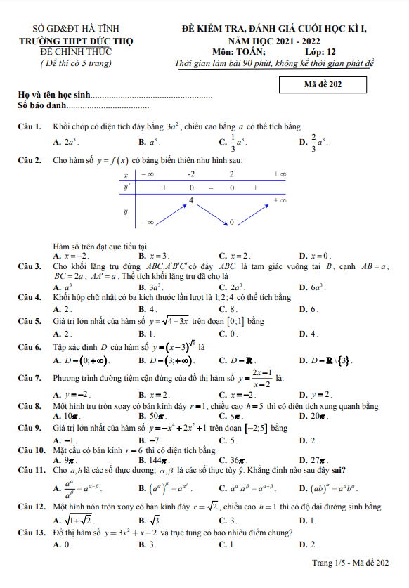 Đề cuối học kì 1 (HK1) lớp 12 môn Toán năm 2021 2022 trường THPT Đức Thọ Hà Tĩnh