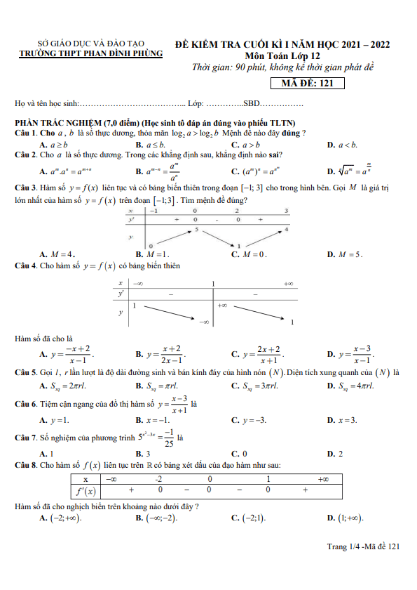 Đề cuối học kì 1 (HK1) lớp 12 môn Toán năm 2021 2022 trường THPT Phan Đình Phùng Quảng Bình