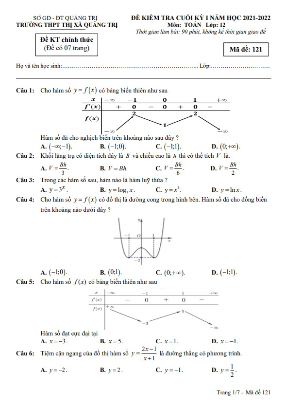 Đề cuối học kì 1 (HK1) lớp 12 môn Toán năm 2021 2022 trường THPT Thị xã Quảng Trị