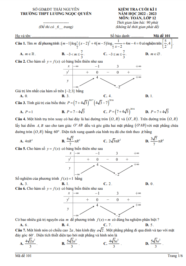 Đề cuối học kì 1 (HK1) lớp 12 môn Toán năm 2022 2023 THPT Lương Ngọc Quyến Thái Nguyên