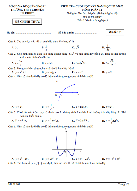 Đề cuối học kì 1 (HK1) lớp 12 môn Toán năm 2022 2023 trường chuyên Lê Khiết Quảng Ngãi