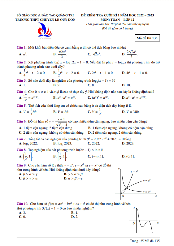 Đề cuối học kì 1 (HK1) lớp 12 môn Toán năm 2022 2023 trường chuyên Lê Quý Đôn Quảng Trị