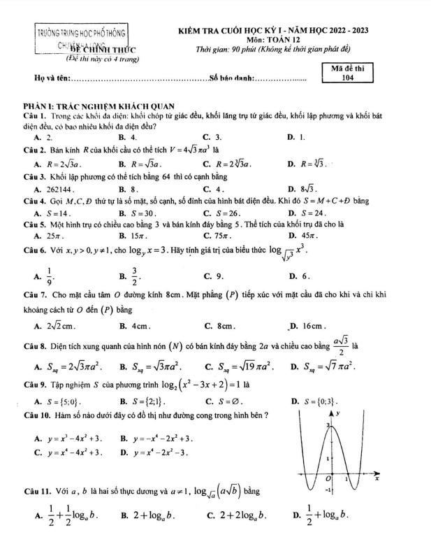 Đề cuối học kì 1 (HK1) lớp 12 môn Toán năm 2022 2023 trường THPT chuyên Hạ Long Quảng Ninh