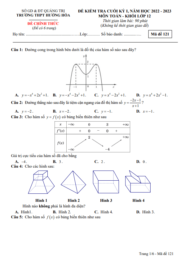 Đề cuối học kì 1 (HK1) lớp 12 môn Toán năm 2022 2023 trường THPT Hướng Hóa Quảng Trị