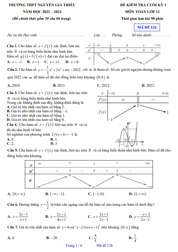 Đề cuối học kì 1 (HK1) lớp 12 môn Toán năm 2022 2023 trường THPT Nguyễn Gia Thiều Hà Nội