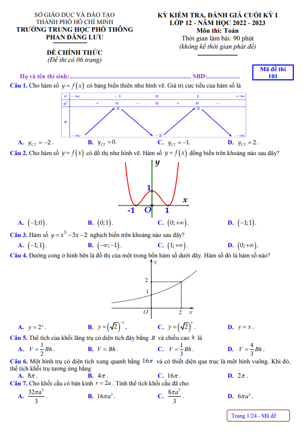 Đề cuối học kì 1 (HK1) lớp 12 môn Toán năm 2022 2023 trường THPT Phan Đăng Lưu TP HCM