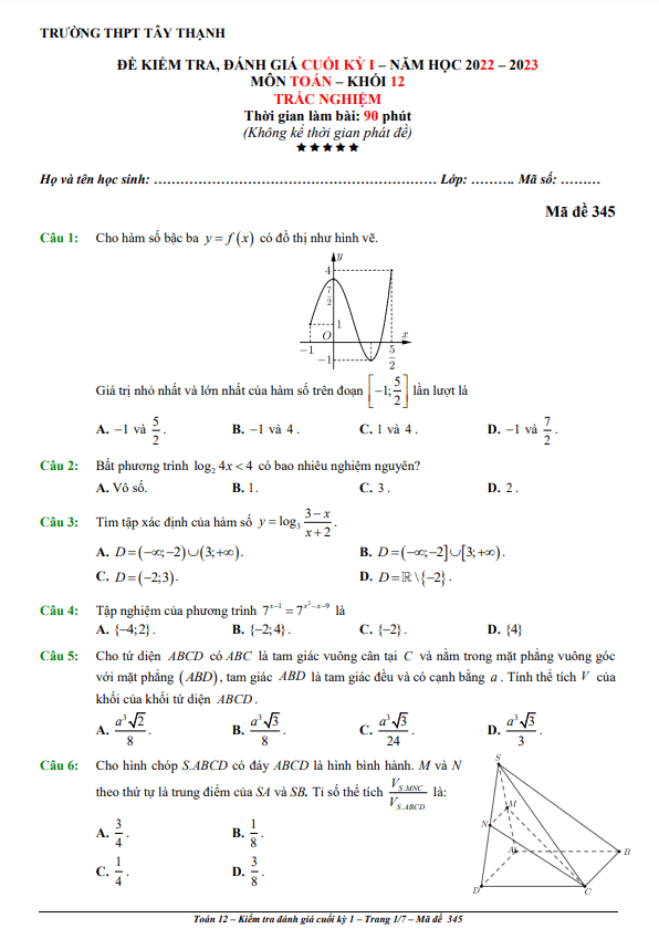 Đề cuối học kì 1 (HK1) lớp 12 môn Toán năm 2022 2023 trường THPT Tây Thạnh TP HCM