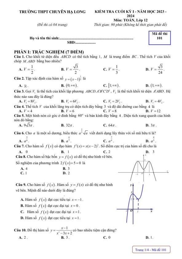 Đề cuối học kì 1 (HK1) lớp 12 môn Toán năm 2023 2024 trường THPT chuyên Hạ Long Quảng Ninh
