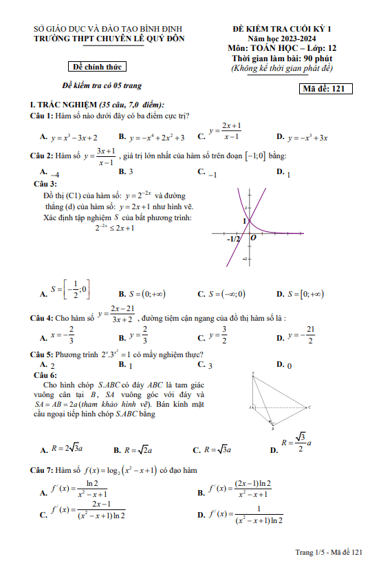 Đề cuối học kì 1 (HK1) lớp 12 môn Toán năm 2023 2024 trường THPT chuyên Lê Quý Đôn Bình Định