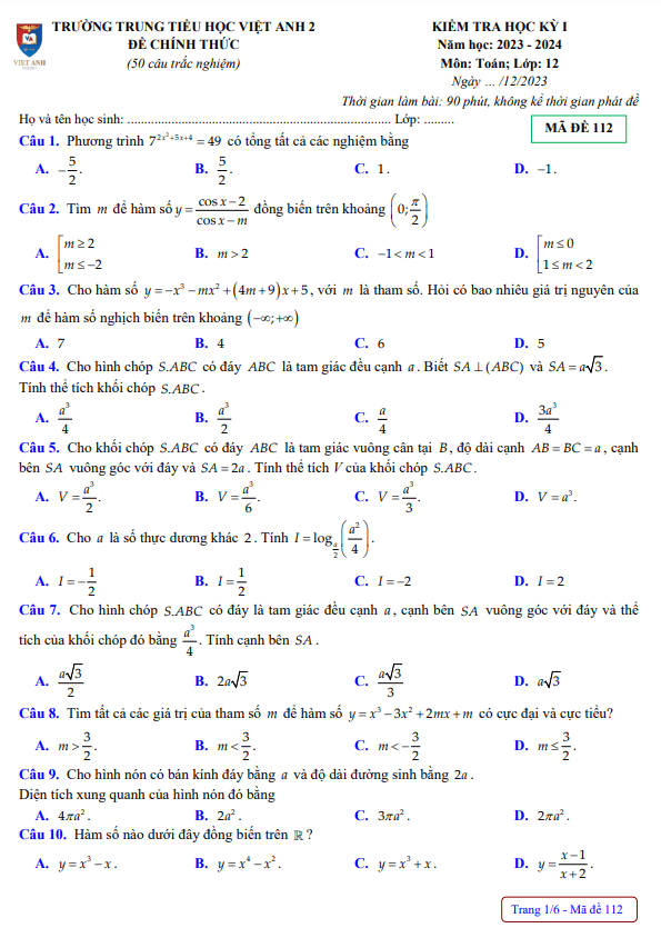 Đề cuối học kì 1 (HK1) lớp 12 môn Toán năm 2023 2024 trường Việt Anh 2 Bình Dương