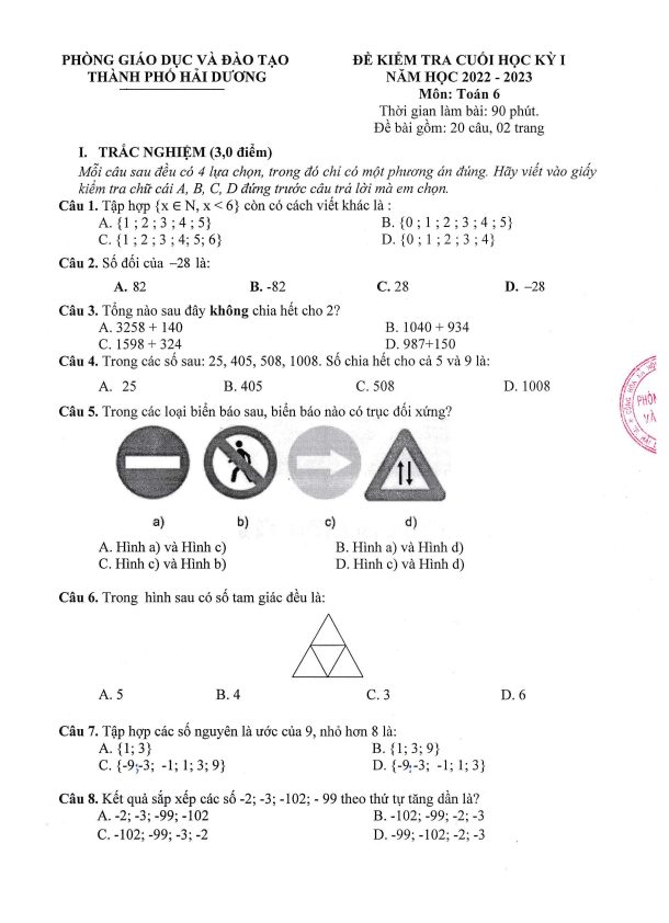 Đề cuối học kì 1 (HK1) lớp 6 môn Toán năm 2022 2023 phòng GD ĐT thành phố Hải Dương