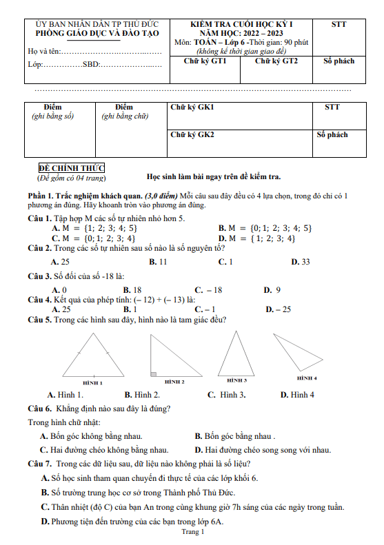 Đề cuối học kì 1 (HK1) lớp 6 môn Toán năm 2022 2023 phòng GD ĐT Thủ Đức TP HCM