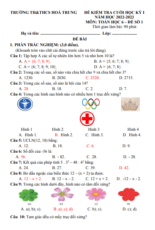 Đề cuối học kì 1 (HK1) lớp 6 môn Toán năm 2022 2023 trường TH THCS Hóa Trung Thái Nguyên