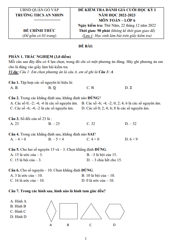 Đề cuối học kì 1 (HK1) lớp 6 môn Toán năm 2022 2023 trường THCS An Nhơn TP HCM