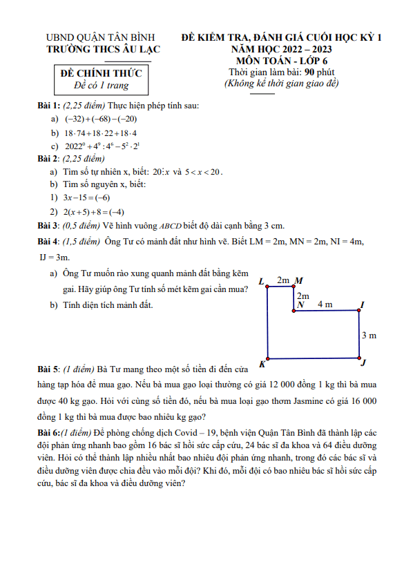 Đề cuối học kì 1 (HK1) lớp 6 môn Toán năm 2022 2023 trường THCS Âu Lạc TP HCM