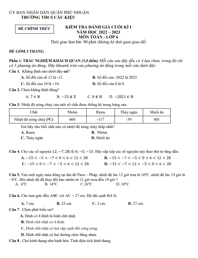 Đề cuối học kì 1 (HK1) lớp 6 môn Toán năm 2022 2023 trường THCS Cầu Kiệu TP HCM