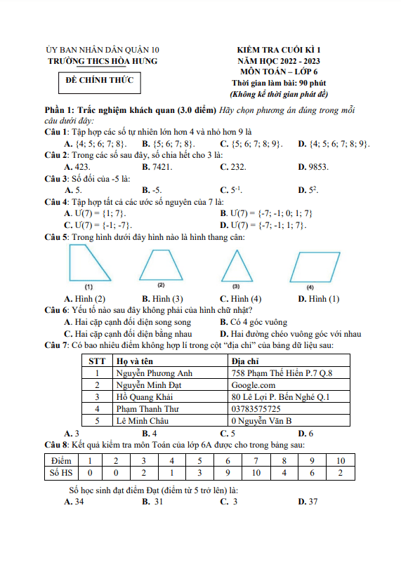 Đề cuối học kì 1 (HK1) lớp 6 môn Toán năm 2022 2023 trường THCS Hòa Hưng TP HCM