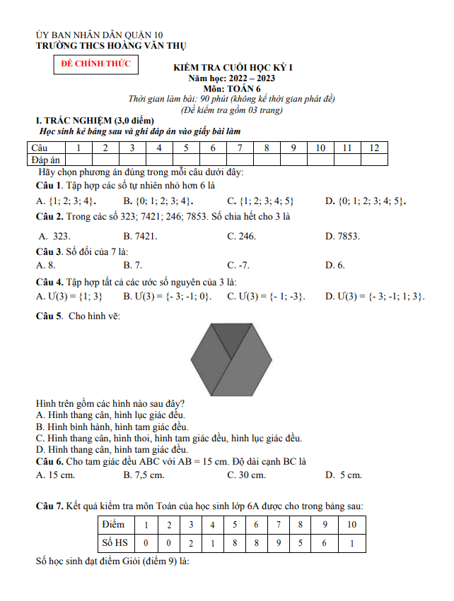 Đề cuối học kì 1 (HK1) lớp 6 môn Toán năm 2022 2023 trường THCS Hoàng Văn Thụ TP HCM