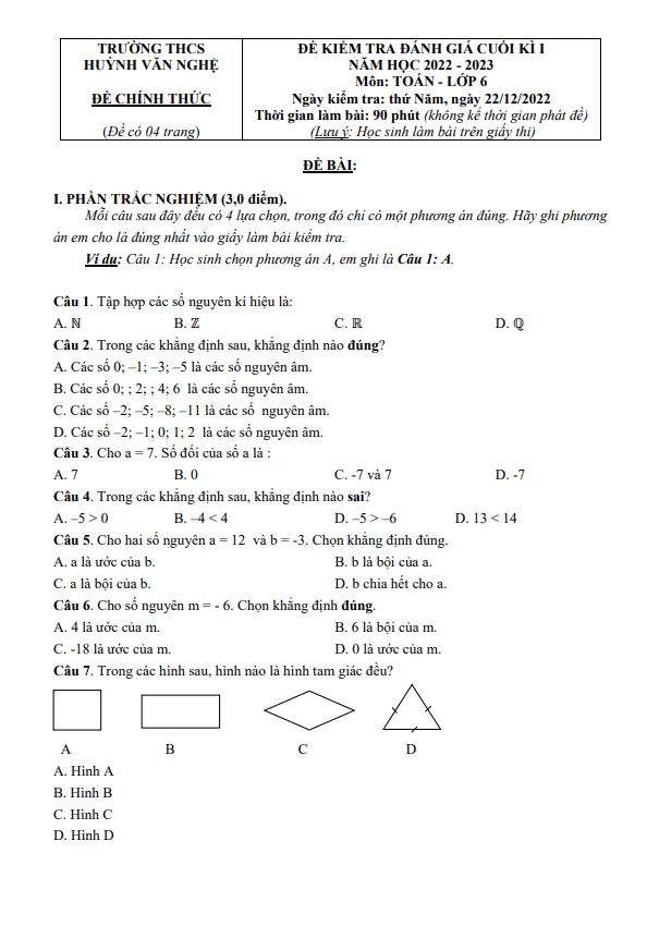 Đề cuối học kì 1 (HK1) lớp 6 môn Toán năm 2022 2023 trường THCS Huỳnh Văn Nghệ TP HCM